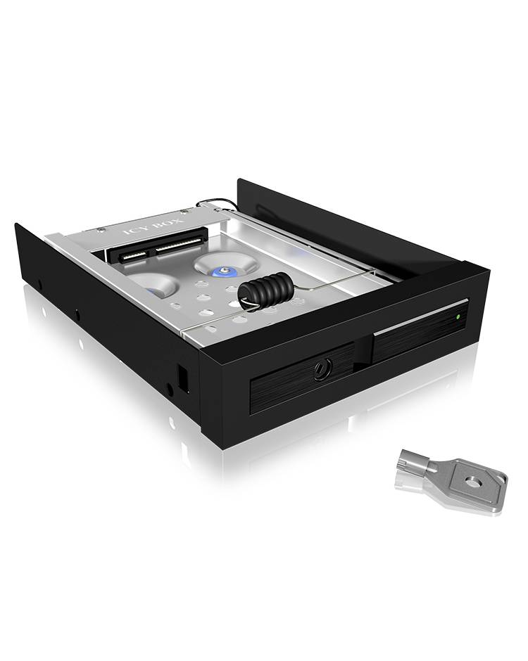 Ein schwarzer Einschub für Festplatten mit einem Schloss, liegender USB-Schlüssel daneben; dient zur sicheren Aufbewahrung von Daten.