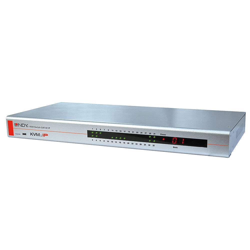 Ein silberner KVM-Switch mit mehreren Anschlüssen und LED-Anzeigen für Port-Status und Kanalnummer, Modell 'KVM-IP'.