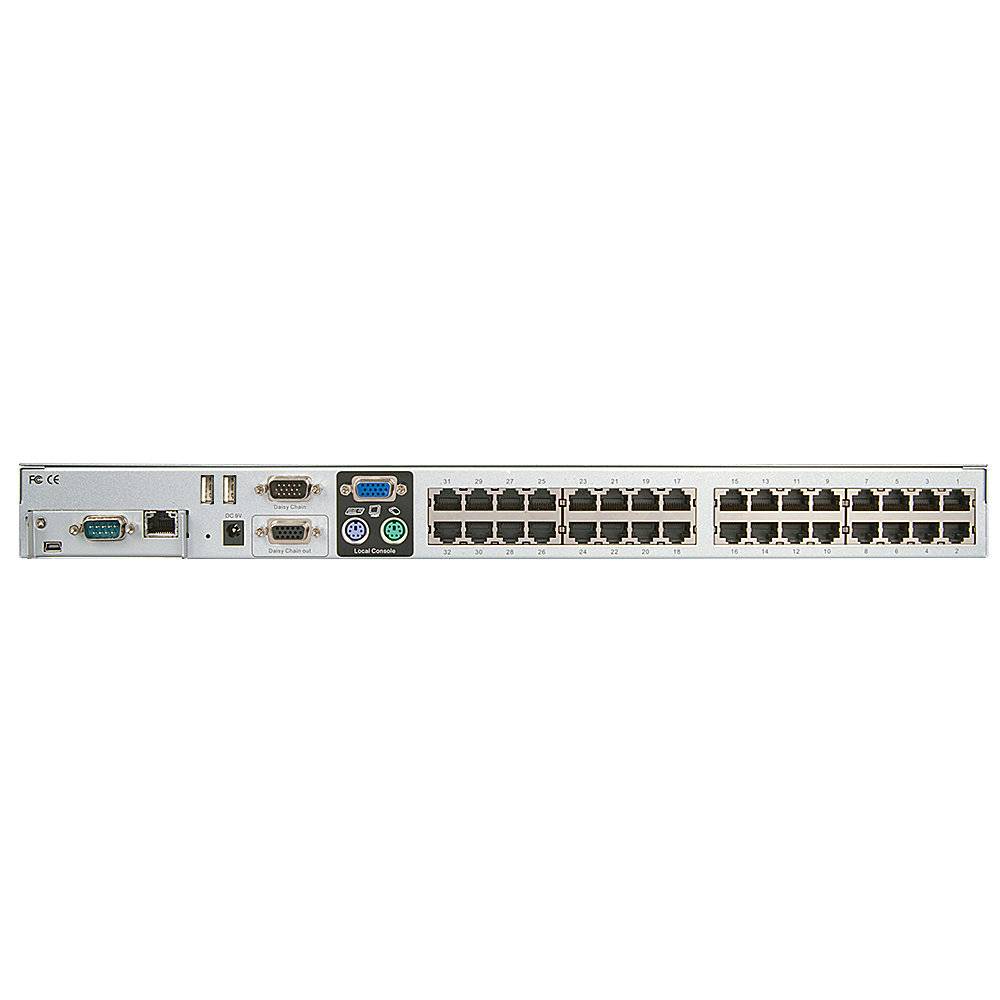 Ein Netzwerk-Switch mit 24 Ethernet-Ports und mehreren Schnittstellen für Kabelverbindungen auf der Rückseite eines Geräts.