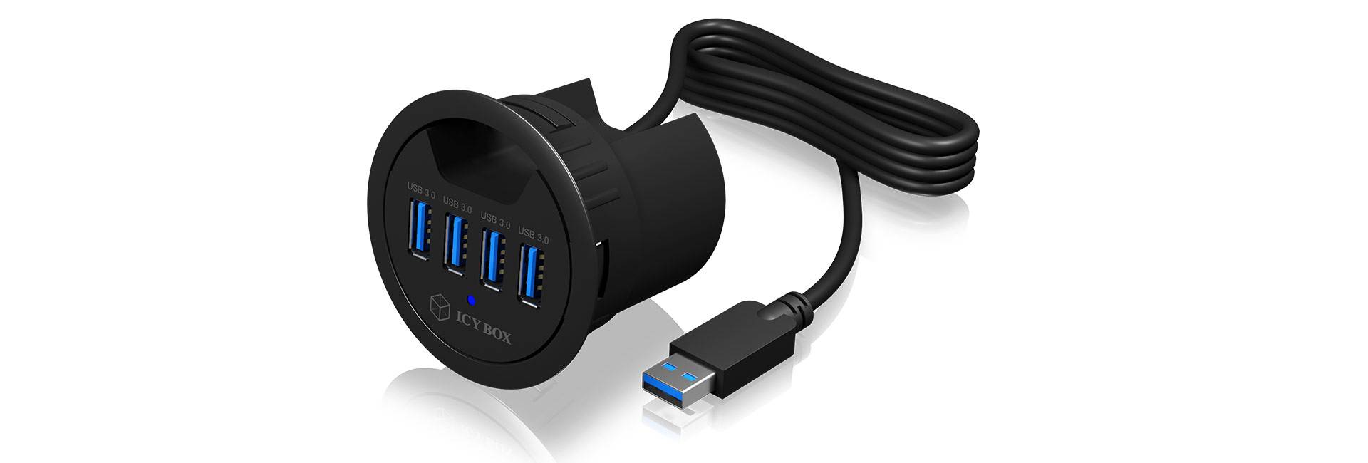 Runder USB-Hub mit vier blauen USB-Anschlüssen und einem Anschlusskabel. Geeignet zur Erweiterung der USB-Kapazität von Geräten.