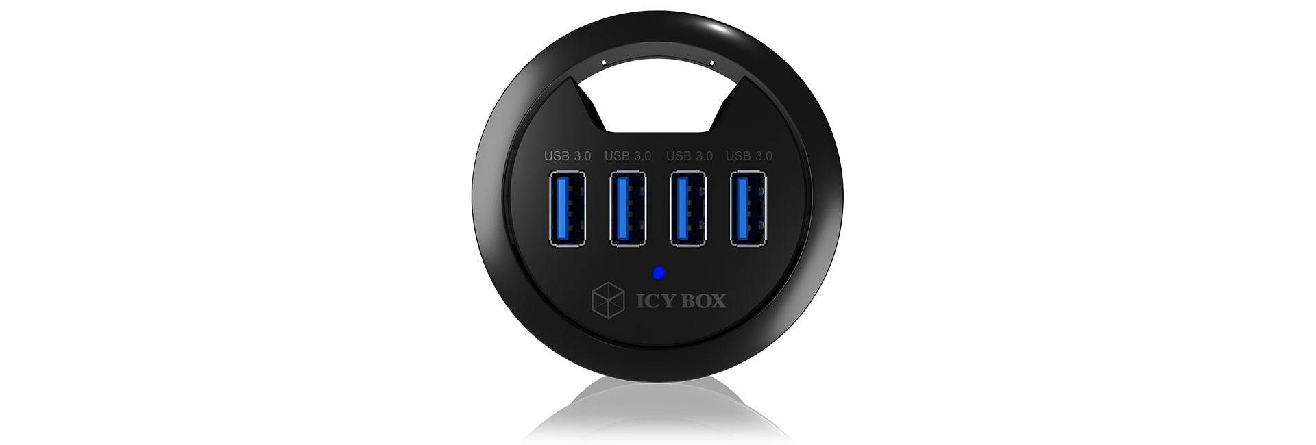 Vierfach-USB-Hub 'Icy Box' in schwarzer, runder Form mit blauen Anschlüssen, geeignet zur Erweiterung von USB-Verbindungen an PCs.