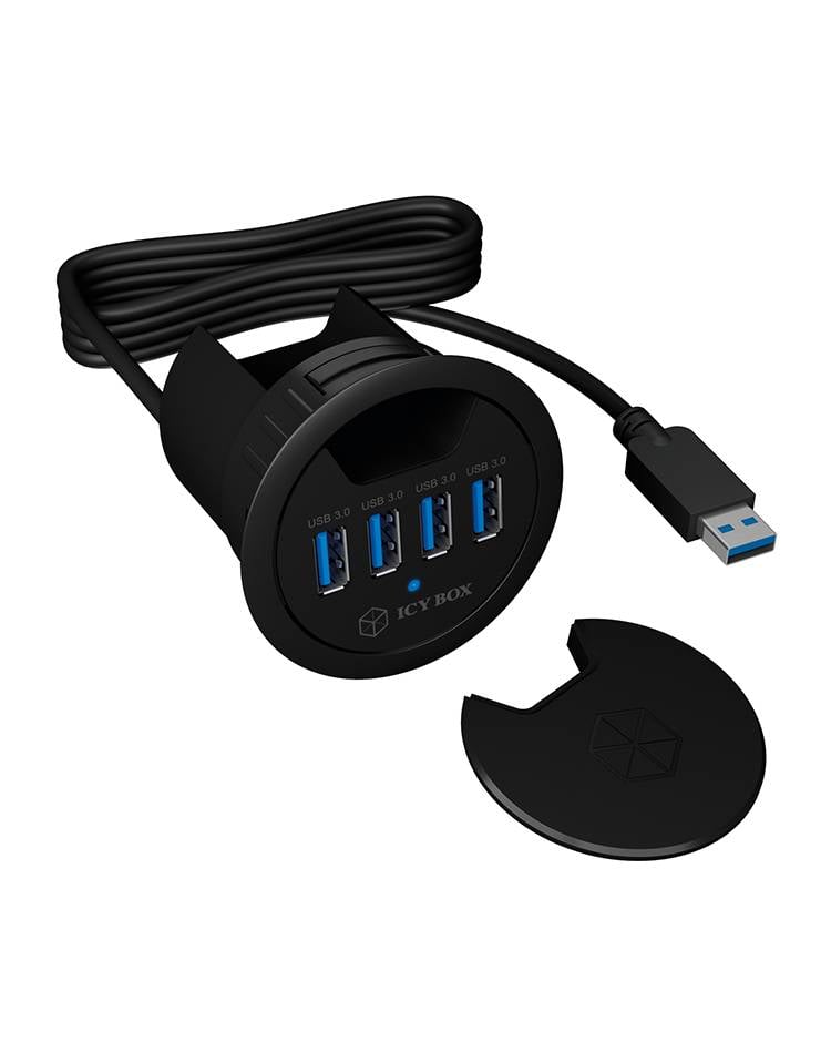 USB-Hub mit vier blauen USB-3.0-Anschlüssen und schwarzem Gehäuse, Kabel und Stecker. Geeignet für den Einsatz im Schreibtisch.