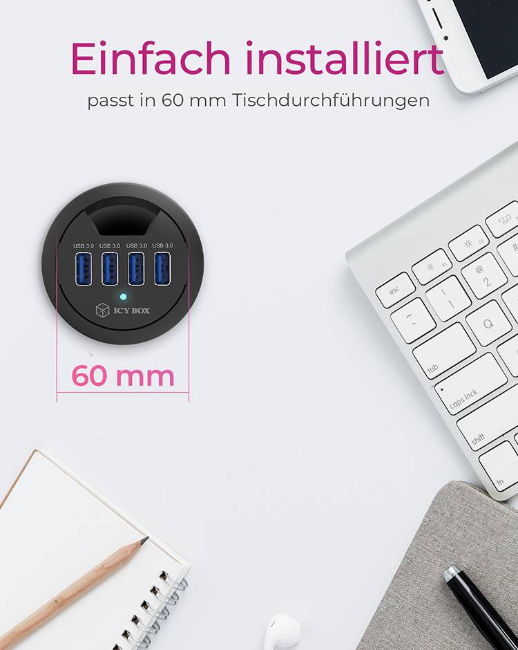 'Einfach installiert, passt in 60 mm Tischdurchführungen' zeigt einen USB-Hub neben Laptop, Tastatur und Notizblock.