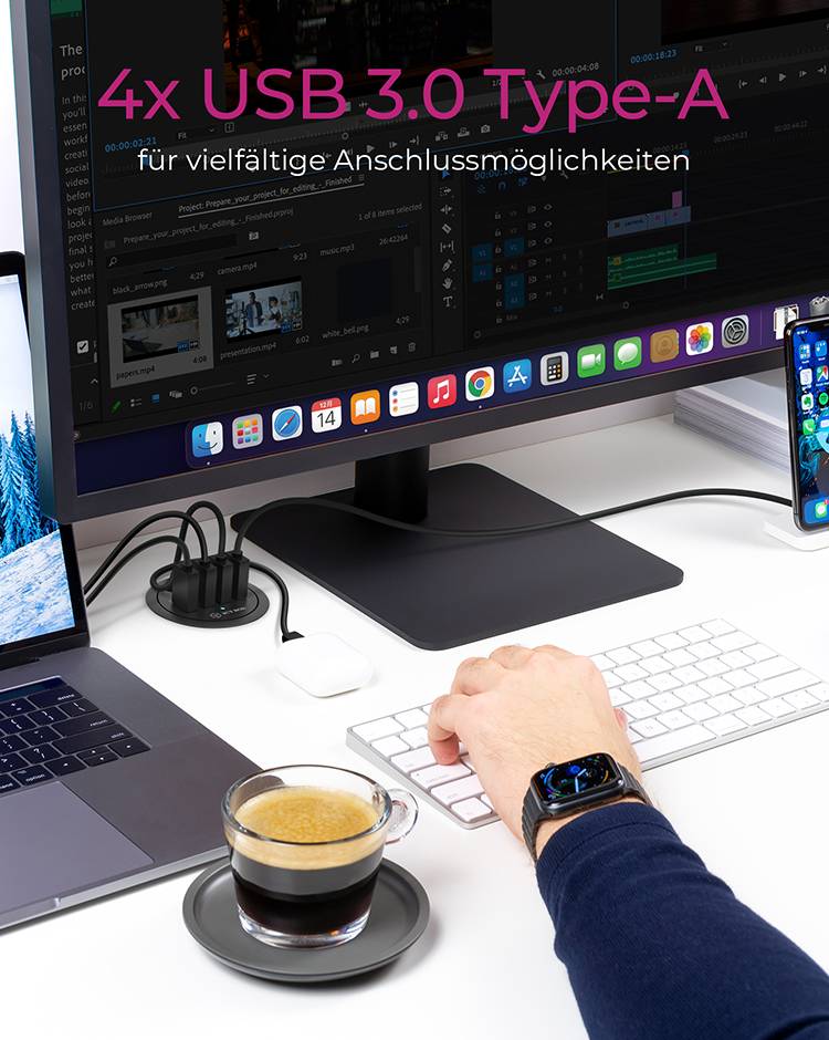 'Ein Computermonitor mit einer Bearbeitungssoftware, daneben mehrere Geräte verbunden über USB 3.0 Type-A Ports. Text: 4x USB 3.0 Type-A für vielfältige Anschlussmöglichkeiten.'