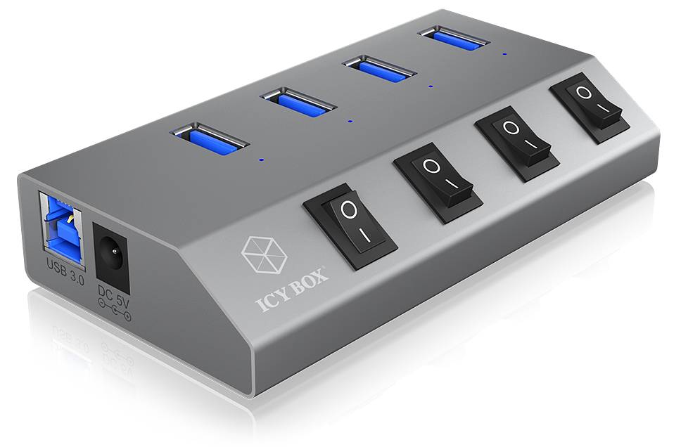 ICY BOX IB-Hub1405 4Port USB 3.0 Hub + Ladestation BC 1.2 Datenuebertragung bis zu 5 Gbit/s und Plug