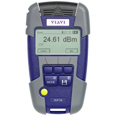 Handgehaltenes Messgerät mit Digitalanzeige zeigt '24.61 dBm'. Das Gerät hat mehrere Knöpfe zur Bedienung und ist blau-grau.