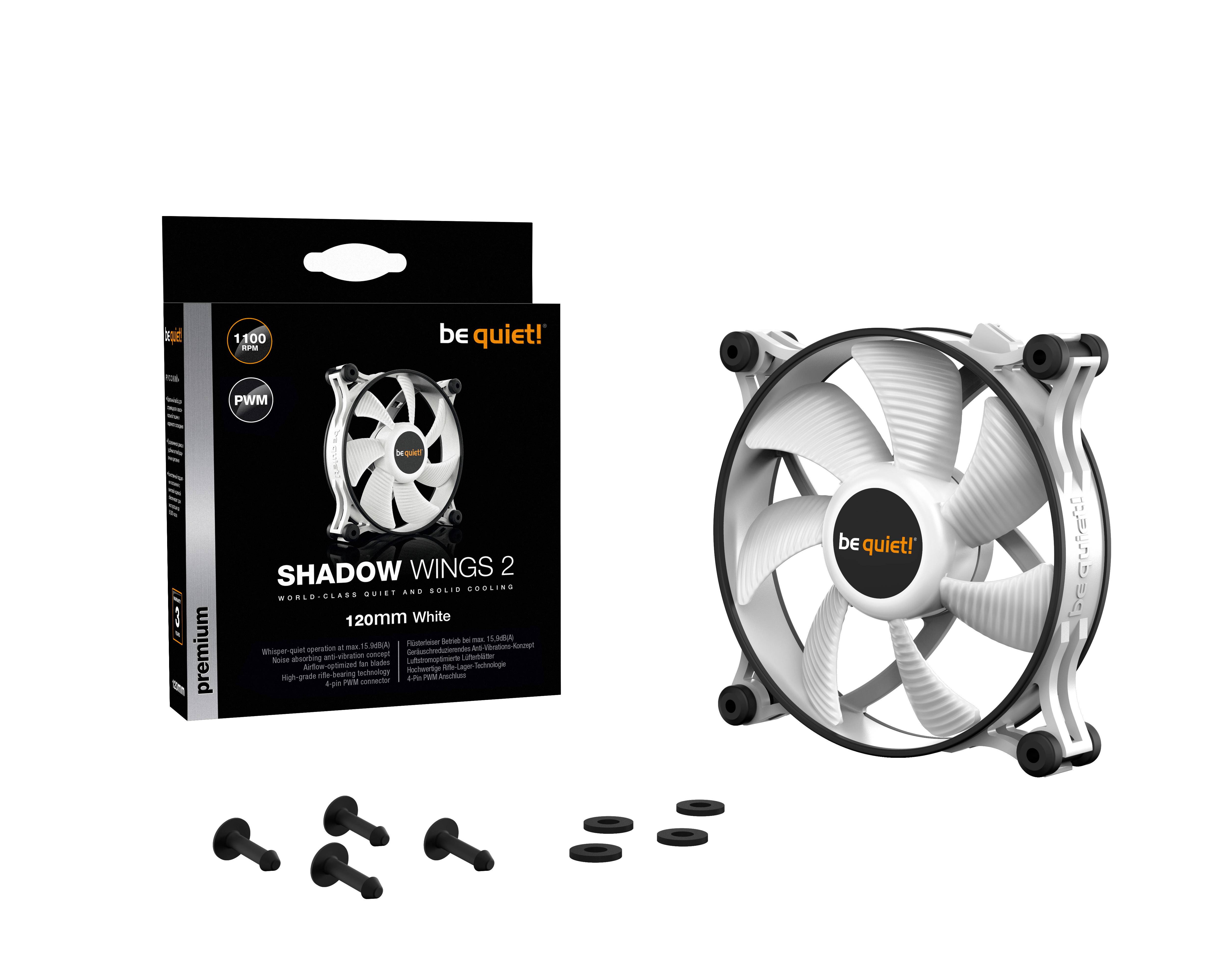 PC-Lüfter 'Shadow Wings 2' neben Verpackung. Lüfter ist weiß, geräuscharm mit 120 mm Größe. Schrauben und Gummipuffer inklusive.