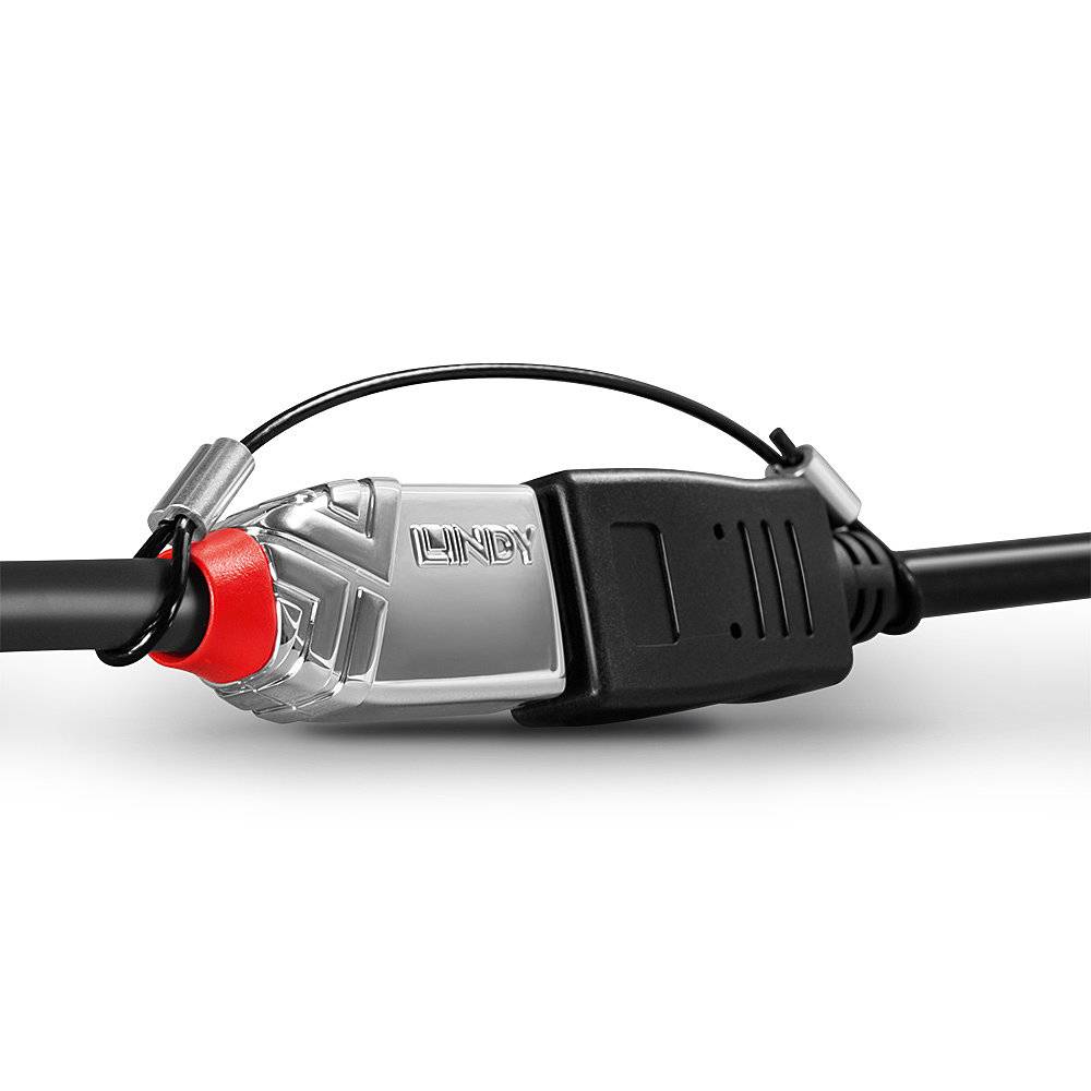 Ein schwarzes Kabel mit einem silbernen Stecker, auf dem 'Lindy' steht. Der Stecker hat eine rote Markierung und ist mit einem Clip gesichert.