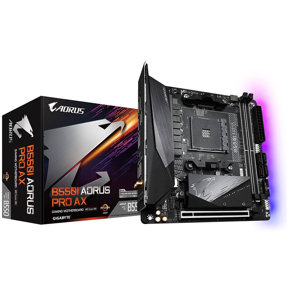 'B550I AORUS PRO AX' Gaming-Mainboard von GIGABYTE vor Verpackung, zeigt Anschlüsse und Komponenten, geeignet für fortgeschrittenes Gaming.