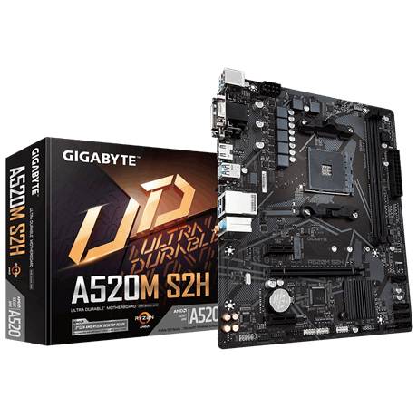 Die Abbildung zeigt ein Gigabyte A520M S2H Motherboard mit der Verpackung im Hintergrund. Das Motherboard ist für AMD-Prozessoren geeignet.