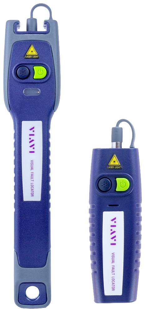 Zwei blaue Handgeräte mit grünem Ein-/Ausschalter und gelbem Warnsymbol für Laserstrahlung.