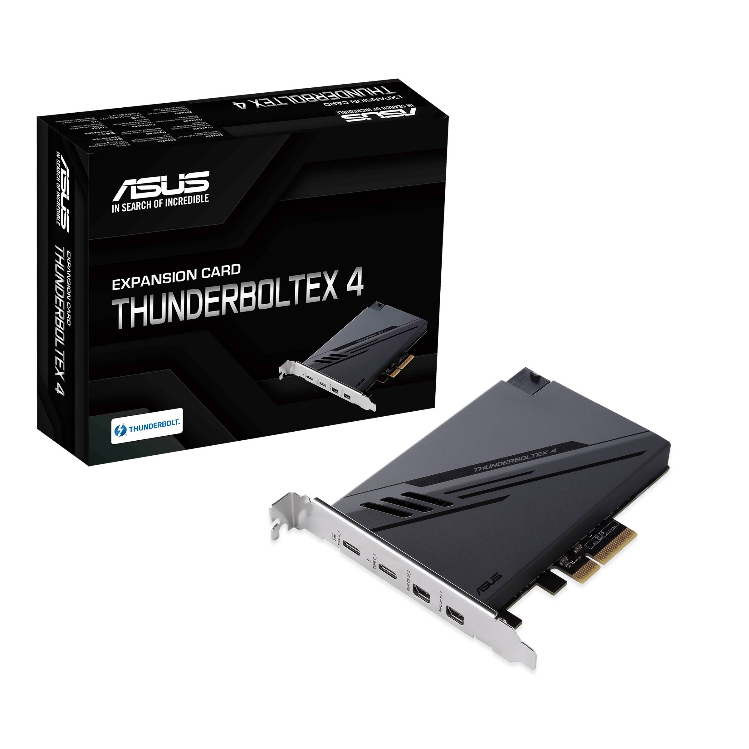 Erweiterungskarte ASUS ThunderboltEX 4 neben ihrer Verpackung, die Produktinformationen und Anschlüsse zeigt.