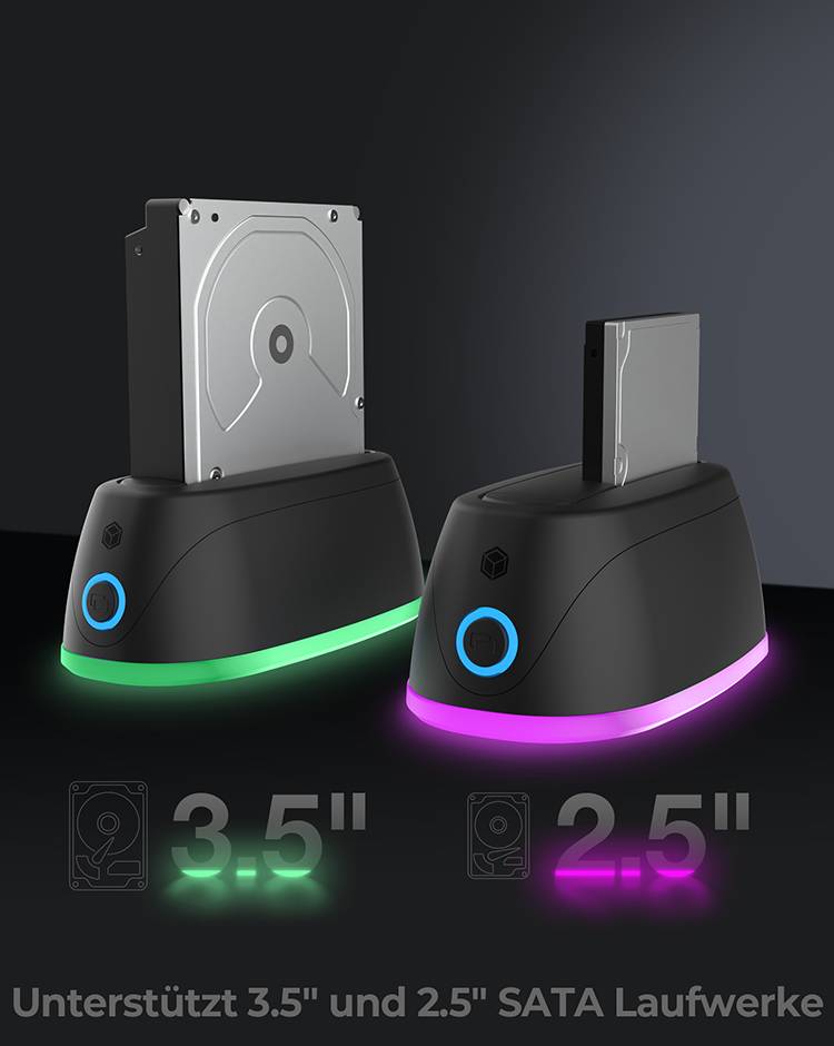 Eine Dockingstation mit zwei Einschüben für 3,5" und 2,5" SATA-Laufwerke, mit leuchtenden LED-Streifen an der Basis.