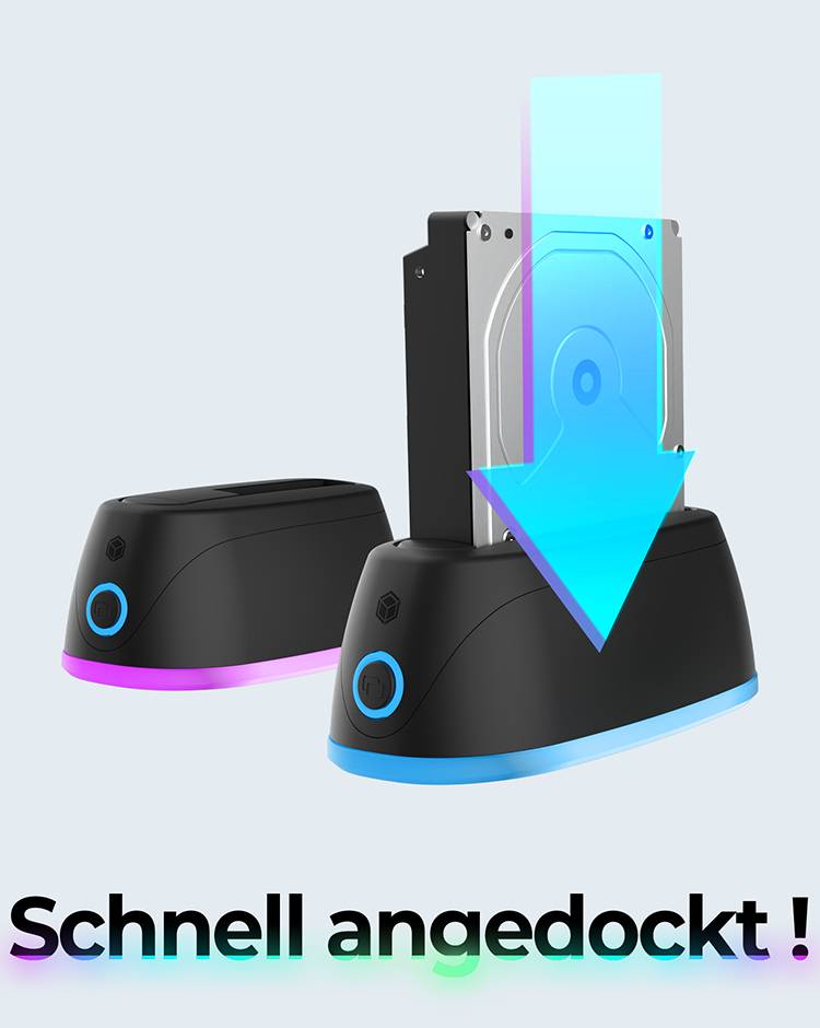 'Festplatten-Dockingstation mit blauer LED-Beleuchtung, eine Festplatte wird von oben eingesetzt. Text: Schnell angedockt!'