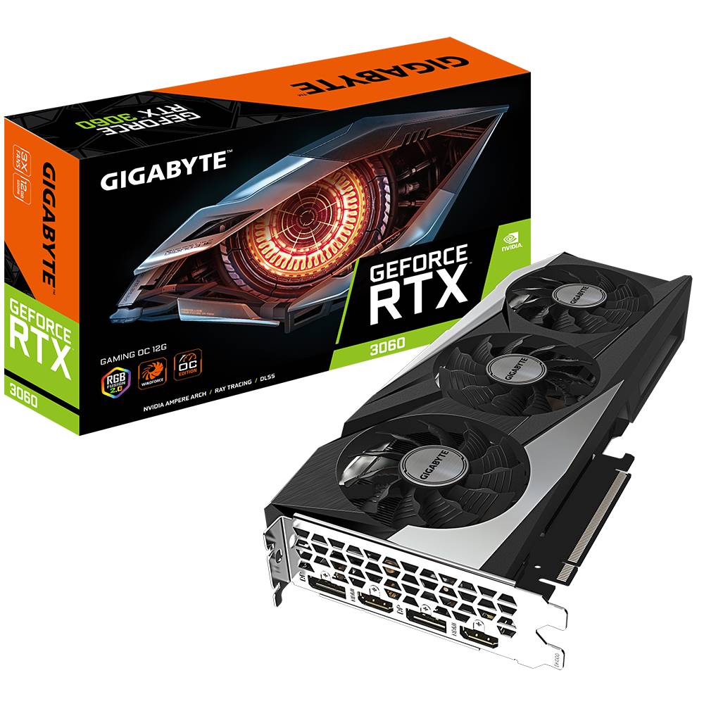 Grafikkarte Gigabyte GeForce RTX 3060 abgebildet, mit Verpackungsvorderseite im Hintergrund. RTX 3060 für Gaming optimiert.