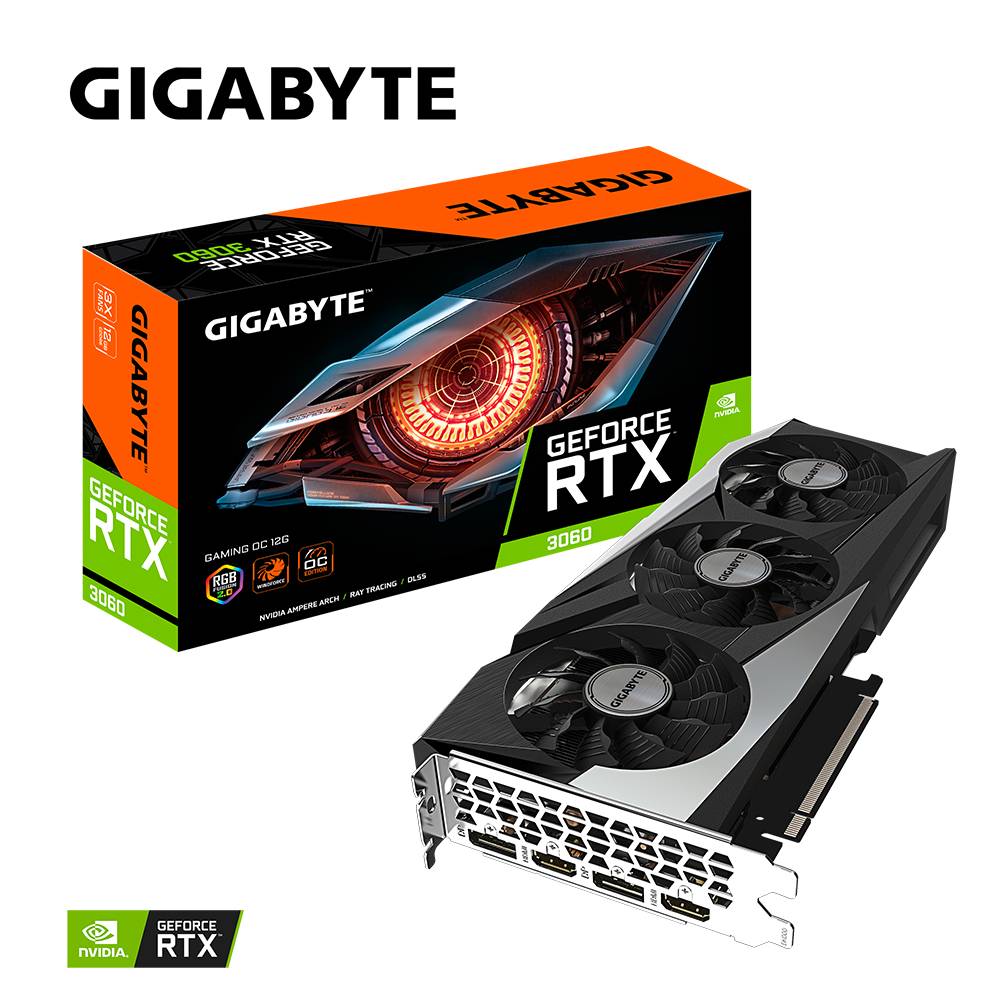 'GIGABYTE GeForce RTX 3060 Grafikkarte' mit Lüftern und Anschlüssen. Verpackung zeigt Marken- und Modellinformationen.