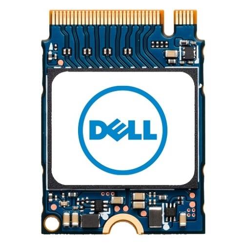 SSD-Modul mit einem großen blauen 'Dell'-Logo in der Mitte. Oben sind Kontakte und unten sind verschiedene elektronische Komponenten sichtbar.