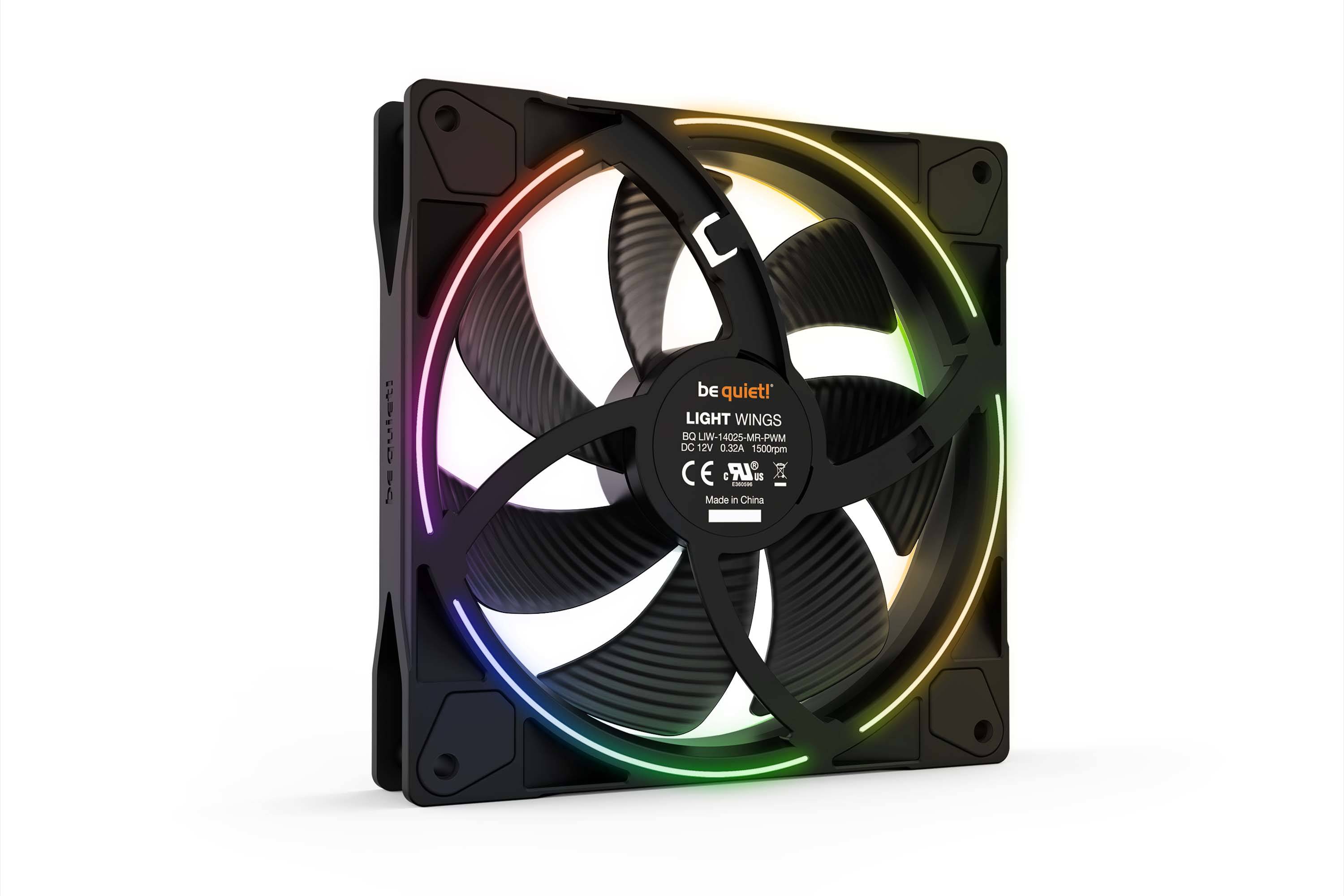 Ein PC-Gehäuselüfter mit LED-Beleuchtung in Regenbogenfarben. Aufdruck 'be quiet! LIGHT WINGS'. Geeignet für Kühlung und Beleuchtung.