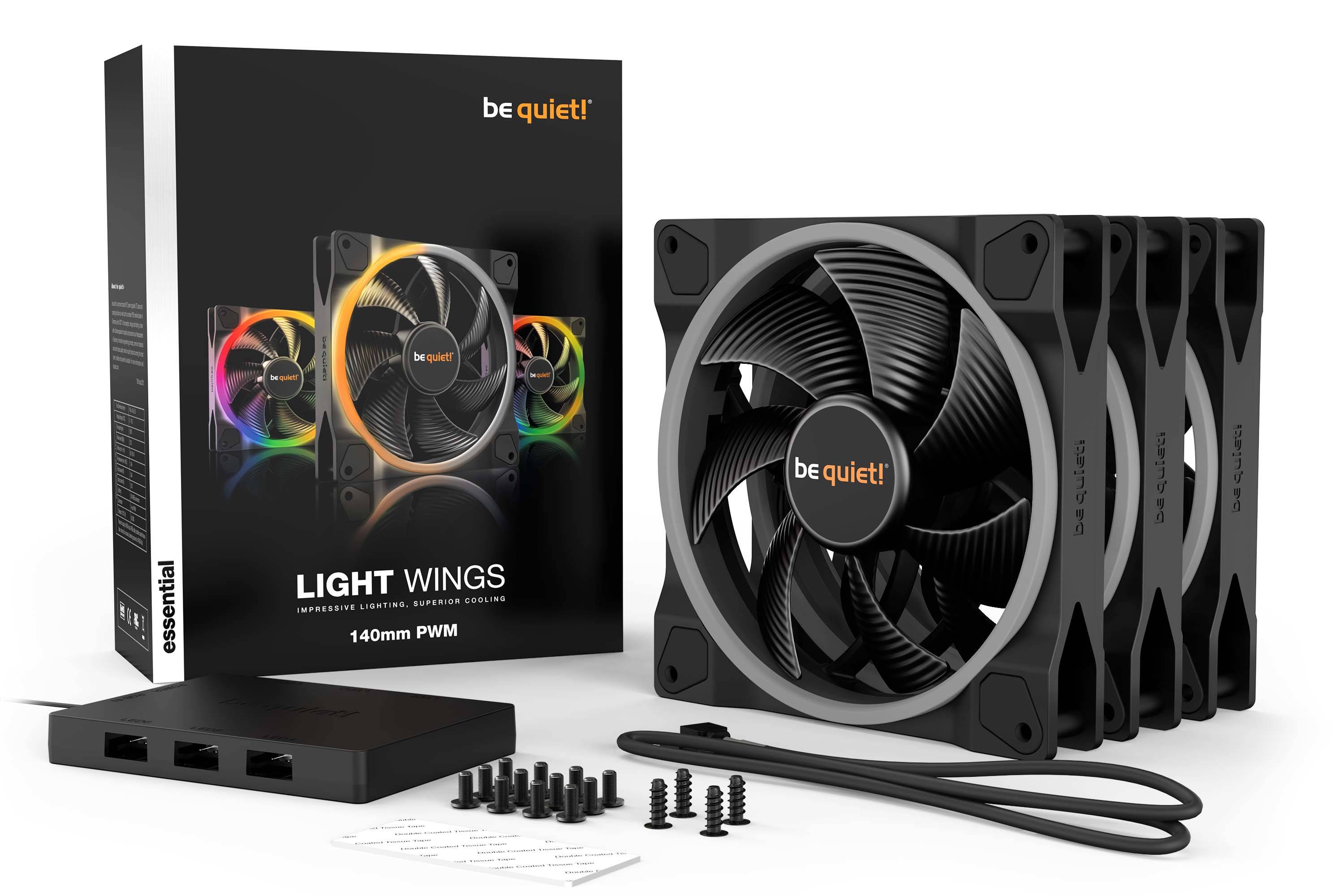 PC-Lüfterset mit drei beleuchteten Ventilatoren, Steuerungseinheit, Kabel und Montagematerial vor der Verpackung. Marke: be quiet!