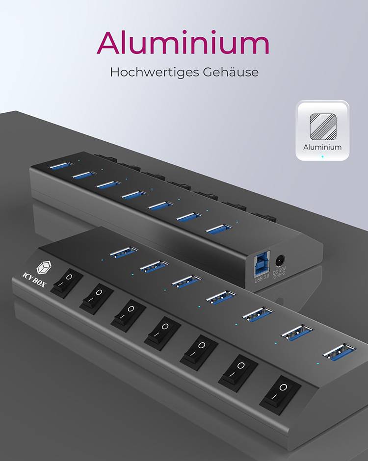 Hub aus Aluminium mit mehreren USB-Anschlüssen und Schaltern. Hochwertiges Gehäuse.
