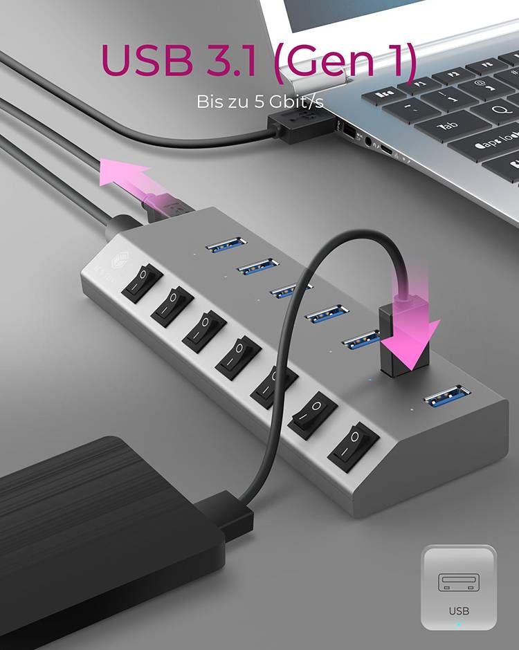 USB-Hub mit sieben Anschlüssen, verbunden mit einem Laptop. Beschriftung zeigt 'USB 3.1 (Gen 1)' und 'Bis zu 5 Gbit/s'.