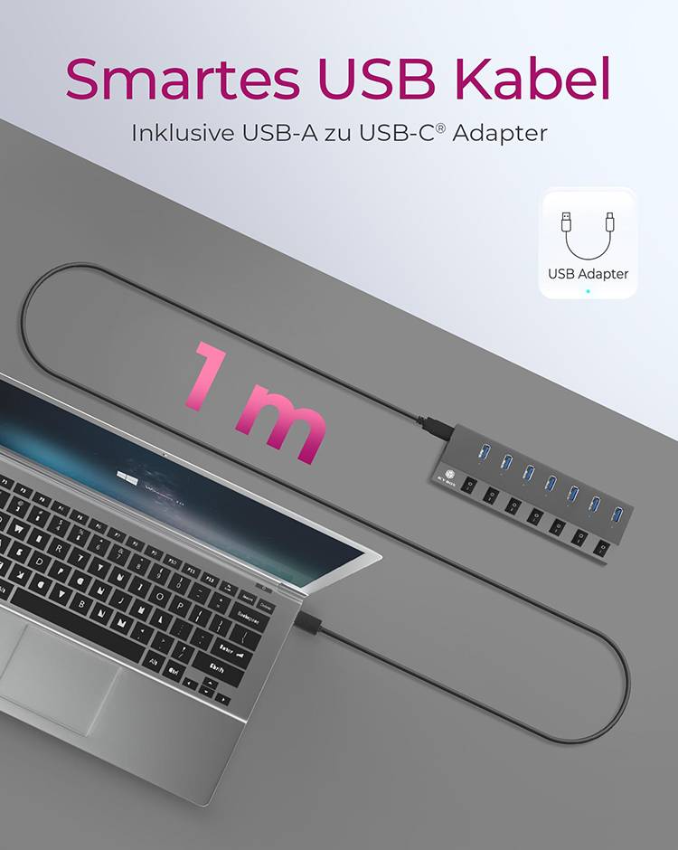 Laptop verbunden mit einem USB-Hub über ein 1m langes, smartes USB-Kabel. Hinweis: 'Inklusive USB-A zu USB-C Adapter'.
