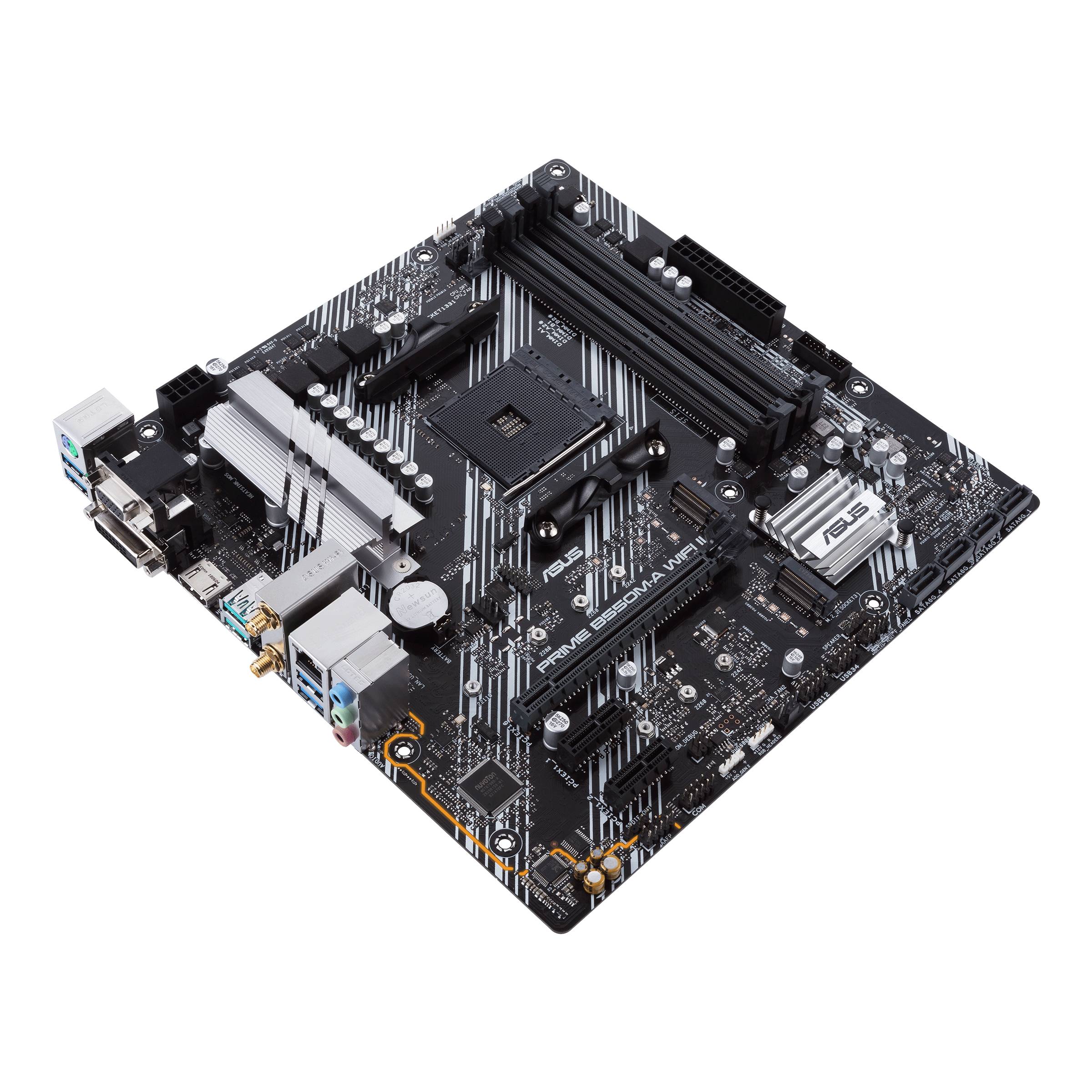 Eine schwarze Computer-Mainboard-Platine mit verschiedenen Anschlüssen und Bauteilen, darunter RAM-Steckplätze, Chips und Kühlkörper.
