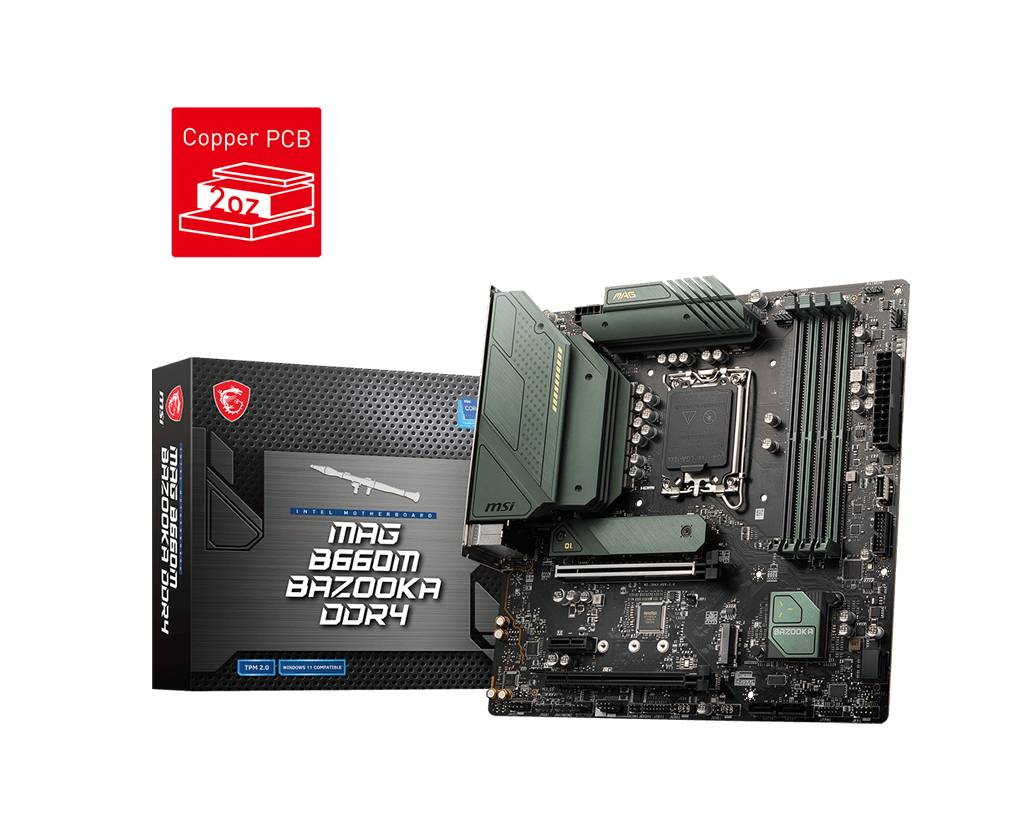 Motherboard MSI MAG B660M Bazooka DDR4 mit Verpackung, betont Feature 'Copper PCB 2oz' oben links.