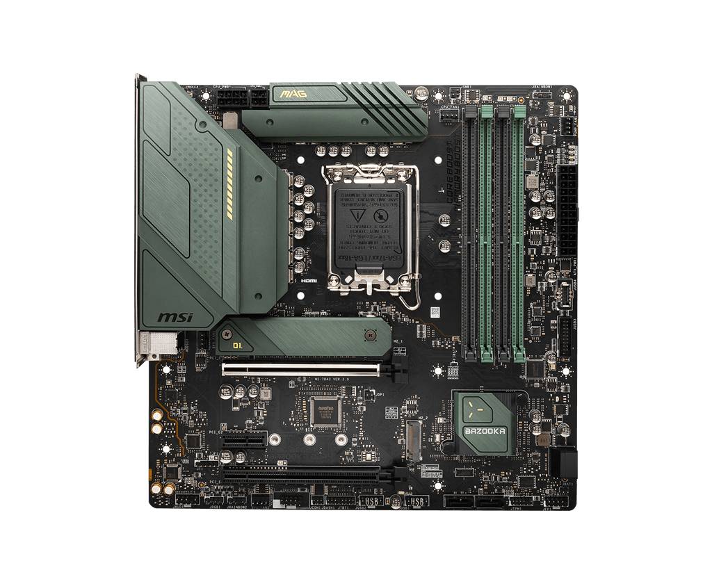 Ein grünes MSI Mainboard mit mehreren Anschlüssen und Steckplätzen, möglicherweise für einen Gaming- oder Hochleistungs-PC geeignet.