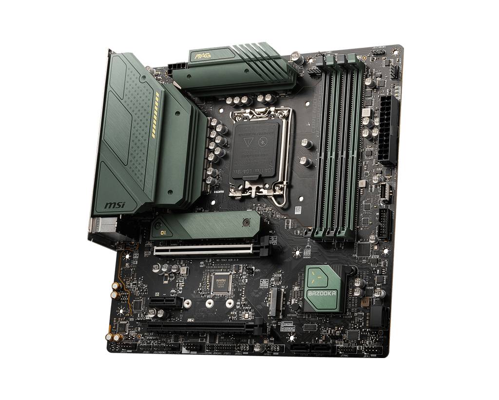 Ein grünes Computer-Motherboard mit mehreren Steckplätzen und Anschlüssen, markiert mit 'MSI'. Es zeigt die Hauptkomponenten.