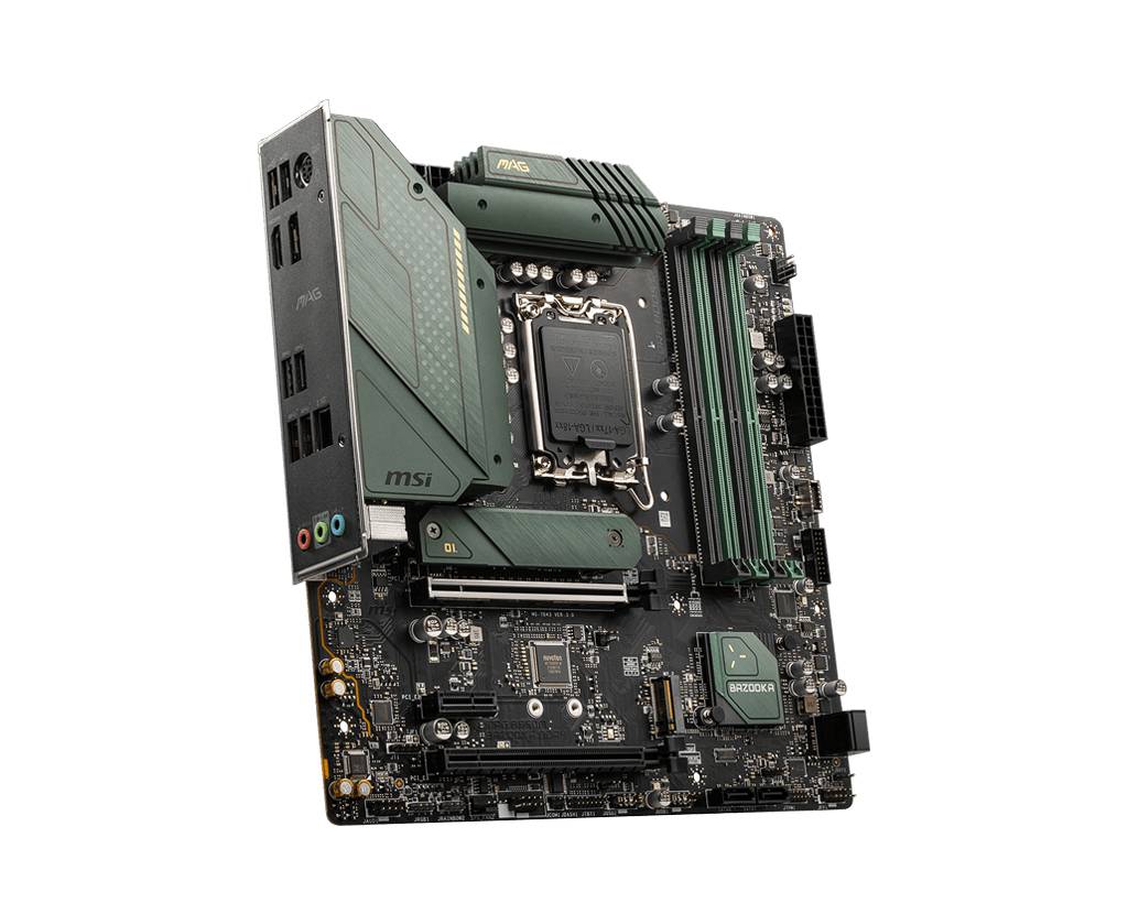 Ein Computer-Motherboard mit verschiedenen Anschlüssen und Steckplätzen für Komponenten wie RAM und CPU, in grüner Farbgebung.