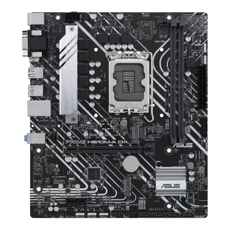 Ein schwarzes Computer-Motherboard mit weißen Akzenten, mehreren Anschlüssen, Steckplätzen für RAM und einem CPU-Sockel in der Mitte.