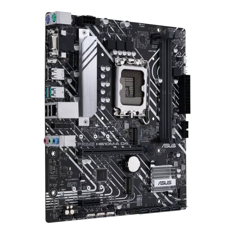 Eine schwarze ASUS-Mainboard-Platine mit mehreren Anschlüssen und einem CPU-Sockel, Modell 'PRIME H310M-A R2.0'. Enthält integrierte Schaltkreise und Anschlüsse.