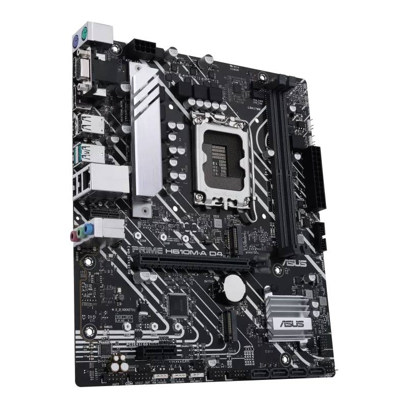 Ein schwarzes Motherboard mit silbernen Details, mehreren Anschlüssen und Bauteilen. Modell 'PRIME H510M-A D4' von ASUS.