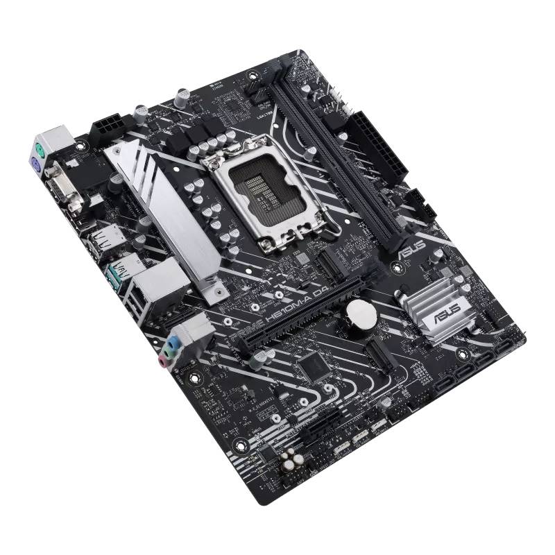Eine schwarze PC-Mainboard-Platine mit verschiedenen Anschlüssen und elektronischen Komponenten auf einer weißen Fläche.