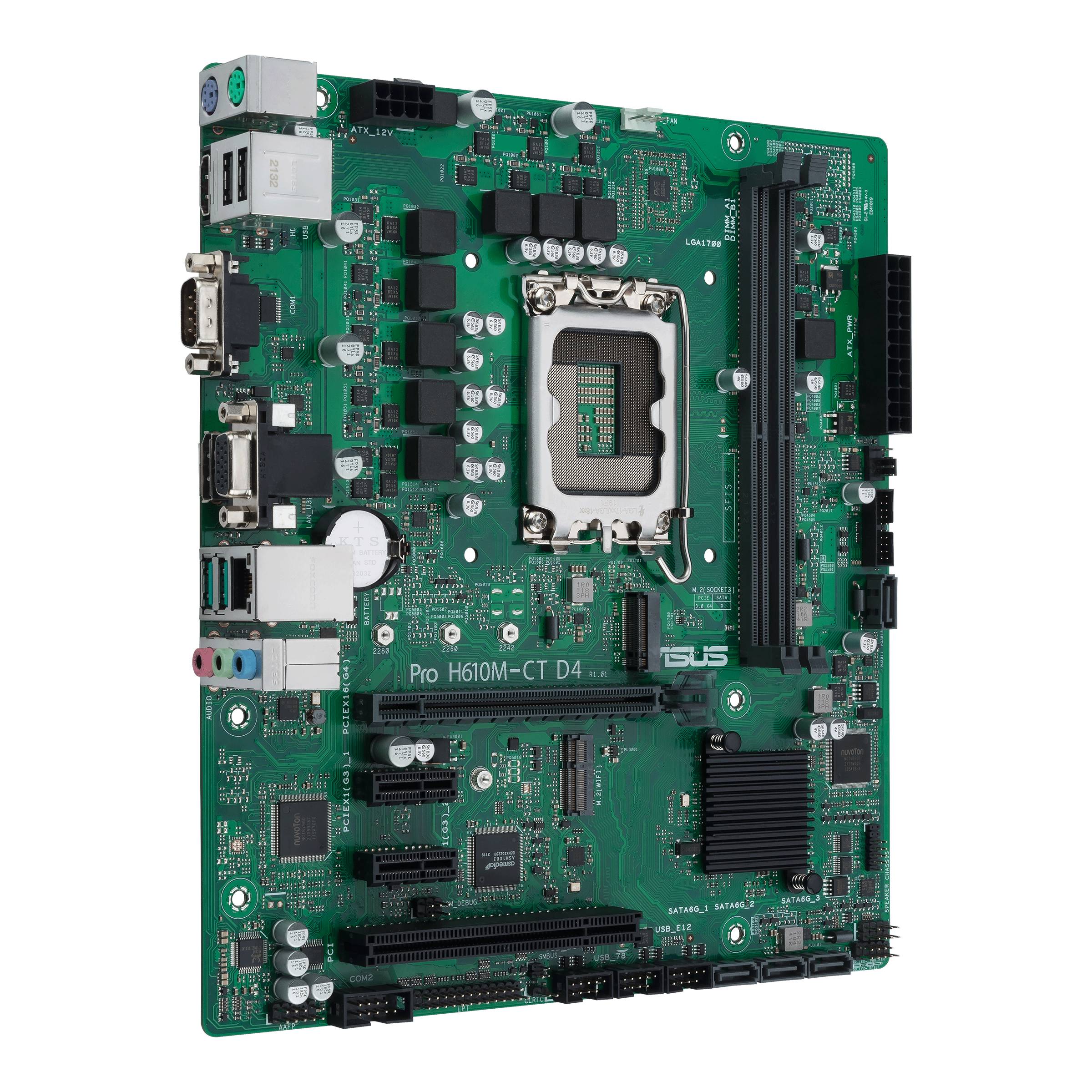 Eine grüne Computer-Mainboard-Platine mit zahlreichen elektronischen Komponenten und Steckplätzen, mit 'Pro H610M-CT D4' beschriftet.