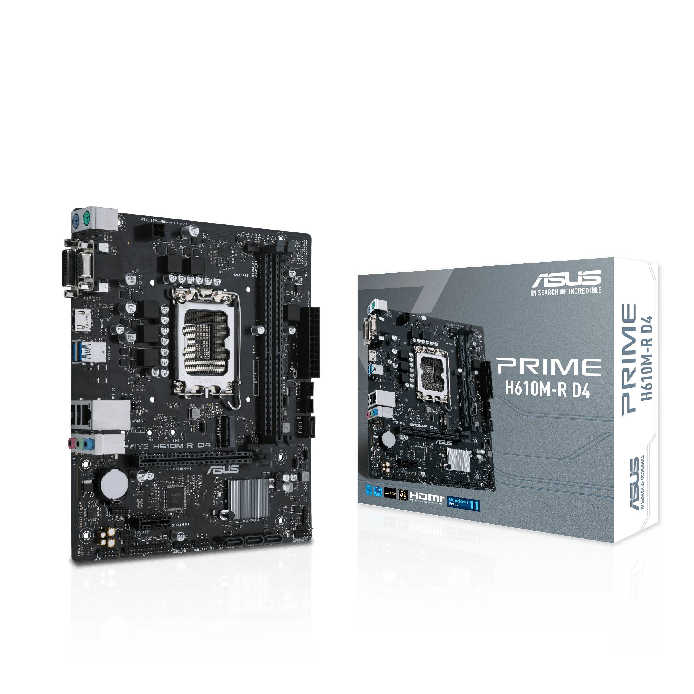 Eine Asus PRIME H610M-R D4 Hauptplatine neben ihrer Verpackung. Die Verpackung zeigt ein Bild der Hauptplatine und technische Spezifikationen.