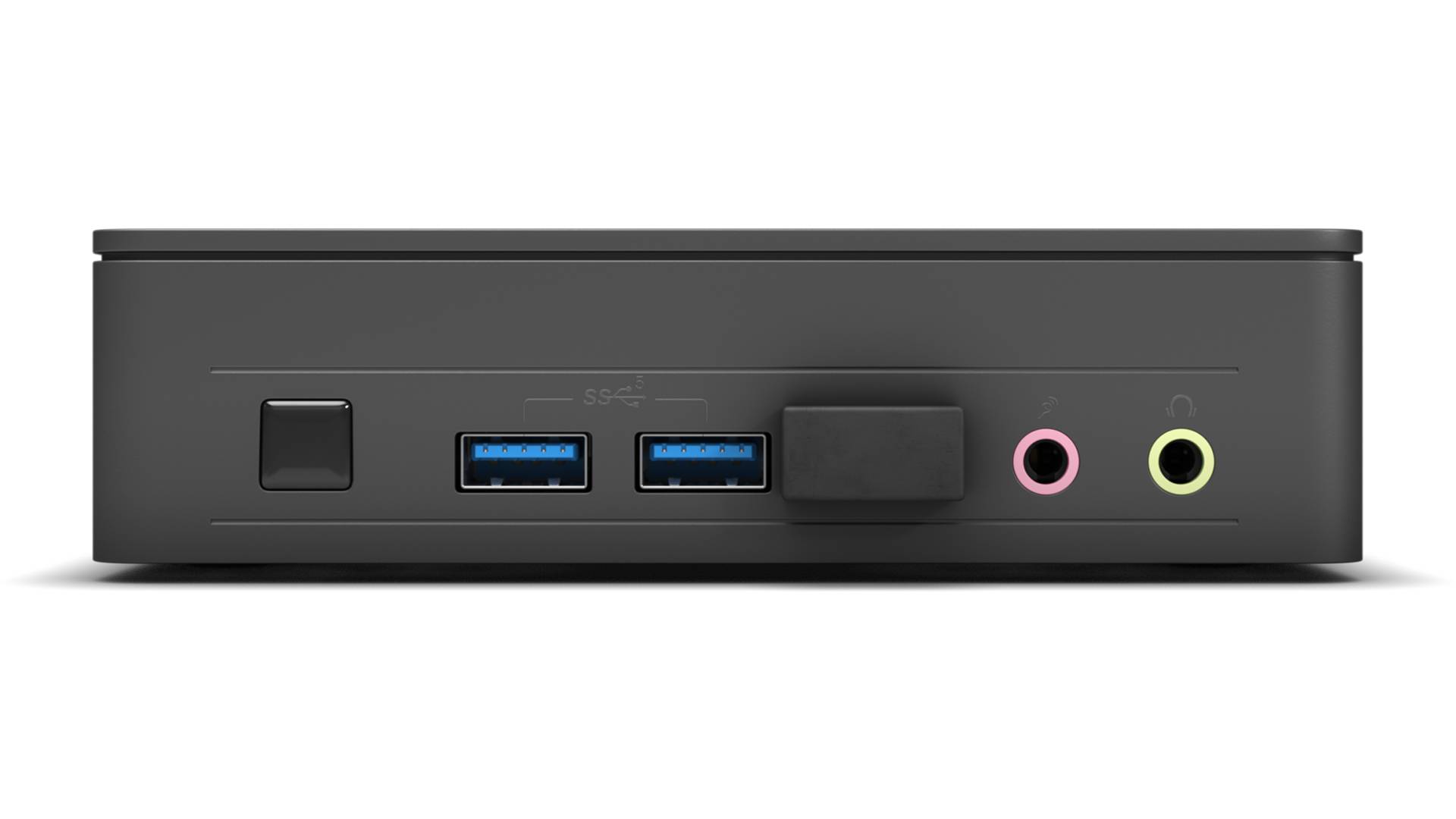 Ein schwarzer Computer-Hub mit zwei USB-Anschlüssen, zwei Audio-Buchsen und einem Netzschalter auf der Vorderseite.