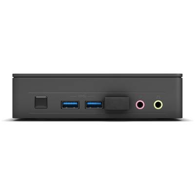 Ein schwarzer Computer-Hub mit zwei USB-Anschlüssen, zwei Audio-Buchsen und einem Netzschalter auf der Vorderseite.