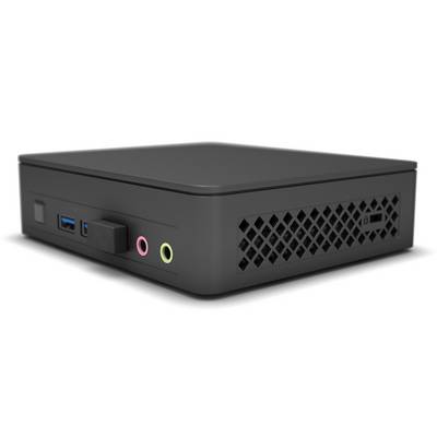 Ein kleiner, schwarzer Mini-PC mit belüfteter Seitenwand und mehreren Anschlüssen auf der Vorderseite, darunter USB- und Audioanschlüsse.