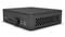 Ein kleiner, schwarzer Mini-PC mit belüfteter Seitenwand und mehreren Anschlüssen auf der Vorderseite, darunter USB- und Audioanschlüsse.