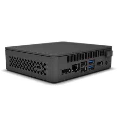 Ein kleiner, schwarzer Mini-PC mit mehreren Anschlüssen auf der Rückseite, einschließlich USB, HDMI und Ethernet.