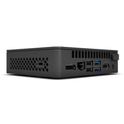 Ein schwarzer Mini-PC von der Seite gezeigt, mit mehreren USB-Ports, einem HDMI-Anschluss und Lüftungsschlitzen.