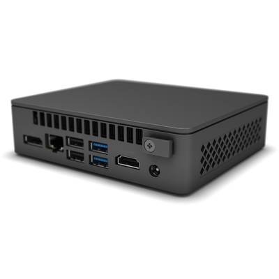 Ein kompakter schwarzer Mini-PC mit mehreren Anschlüssen auf der Rückseite, darunter USB, HDMI und Ethernet-Anschlüsse.