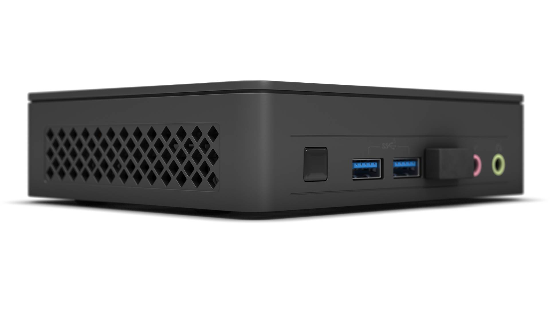 Ein kompakter schwarzer Computer mit USB- und Audioanschlüssen an der Vorderseite, geeignet für platzsparende Anwendungen.