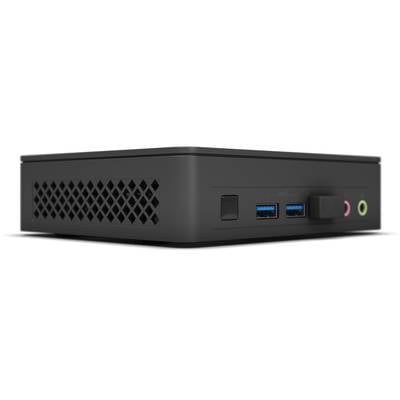 Ein kompakter schwarzer Computer mit USB- und Audioanschlüssen an der Vorderseite, geeignet für platzsparende Anwendungen.
