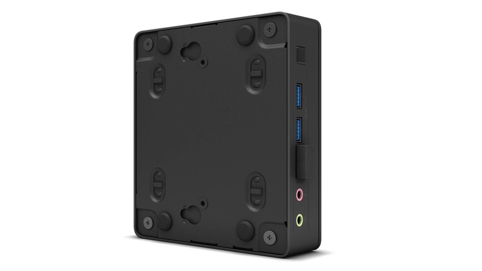 Ein schwarzer, kompakter Computer mit verschiedenen Anschlüssen an der Seite für USB und Audio. Er hat eine rechteckige Form.