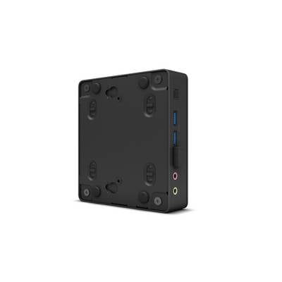 Ein schwarzer, kompakter Computer mit verschiedenen Anschlüssen an der Seite für USB und Audio. Er hat eine rechteckige Form.