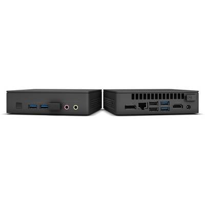 Zwei schwarze Mini-PCs nebeneinander. Vorderseite: USB-Ports, Audioanschlüsse. Rückseite: HDMI, Ethernet, weitere USB-Ports.