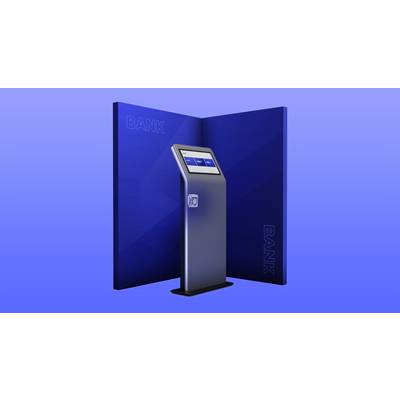 Ein blau-grauer Bank-Terminal auf einem blauen Hintergrund zeigt Finanzinformationen auf einem Bildschirm an.